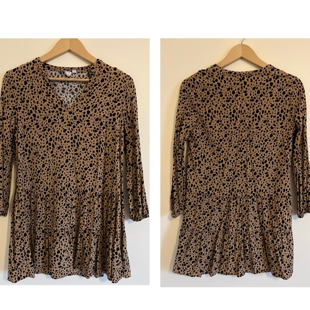 Gap Women Dress Small Leopard Brown Puff Sleeve‎ Tiered Peplum Flowy Boho